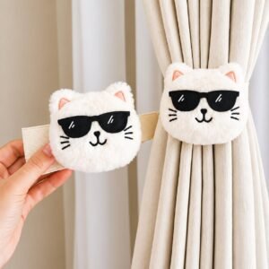Cute Boss Cat Curtain Tieback Soft Plush | Decorative Cartoon Curtain Holder 10 cm | Elastic Tie Back for Kids Bedroom, Nursery & Living Room | Set of 2