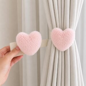 Heart Shape Curtain Tiebacks Pair with Soft Faux Rabbit Fur Holdbacks for Window Drapes Decorative Buckles for Living Room Bedroom Kids Room Nursery Home Decor Accessory Pack of 2 Pink Heart
