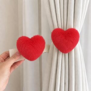 Heart Shape Curtain Tiebacks Pair with Soft Faux Rabbit Fur Holdbacks for Window Drapes Decorative Buckles for Living Room Bedroom Kids Room Nursery Home Decor Accessory Pack of 2 Red Heart