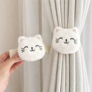Cute Cat Curtain Tieback Soft Plush Decorative Kids Holder 10 Cm Cartoon Animal Tie Back for Bedroom Living Room Baby Pack of 2 Woven Tiebacks Natural Handmade Design Window