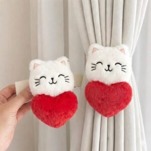 Fur Style Cat Curtain Tieback with Heart | Soft Plush Curtain Holder | Cute Animal Curtain Tie Back | Luxury Window Curtain Accessory for Home Décor