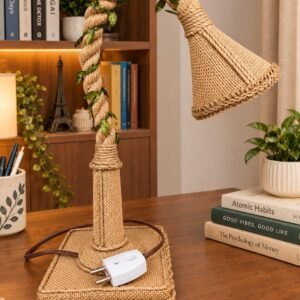 Handmade Jute Table Lamp Warm LED Light, Natural Woven Design & Sturdy Base