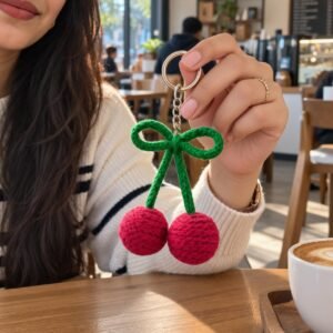 Handmade Crochet Cherry Keychain for Girls and Women, Cute Red Cherry Bag Charm with Green Bow, Knitted Key Ring for Handbag, Backpack, Purse, Pouch and Gifts