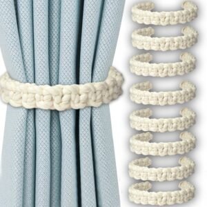 Farmhouse Rustic Curtain Tiebacks: Adjustable Holdbacks for Drapes - 8 Pack Handmade Braided Cotton Macrame Tie Back for Heavy Curtains (Pack of 08) (Off White)