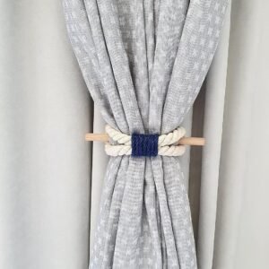 Curtain Tieback-Shabby Chic Ties-Nautical Decor-Natural Cotton Curtain Rope Tie Back Decorative Modern - Blue Rope -Wooden Pin | Pack of 02